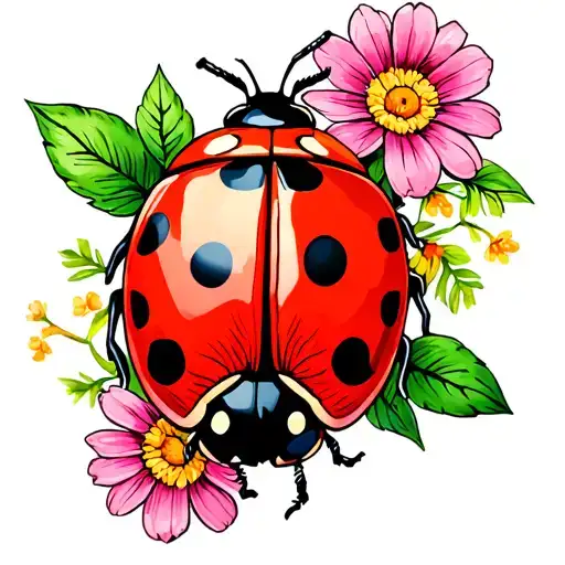 Ladybug With Flowers With Color