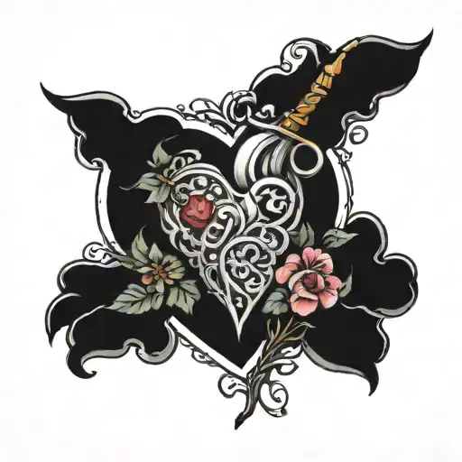 Flowers And Vines Surrounding Heart And Dagger