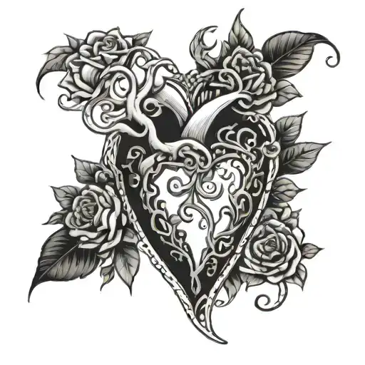 Flowers And Vines Surrounding Heart And Dagger On Women's Sternum