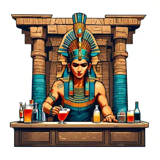 A Bartender Mixing Drinks In An Ancient Egyptian Temple With Aztec Underworld Gods Watching Over