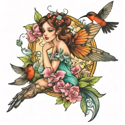 Fairy Riding A Hummingbird Near Flowers