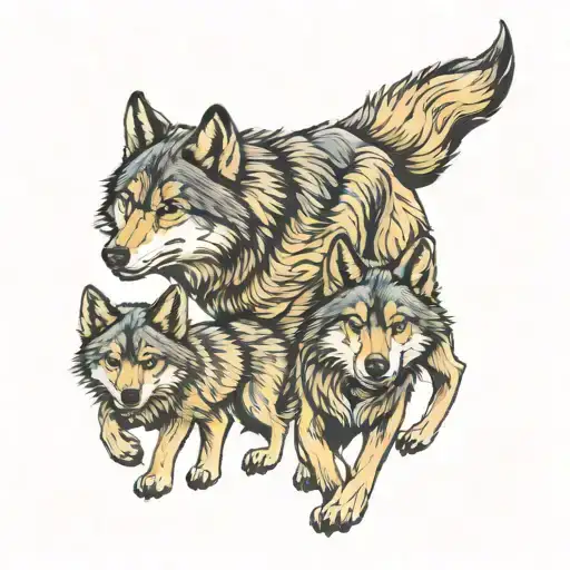 Wolf With 3 Cubs