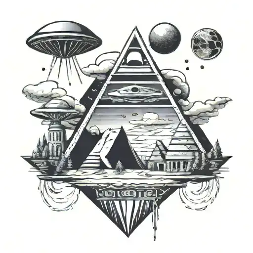 Ufo Alien Abduction Scene Pyramid Surrounded