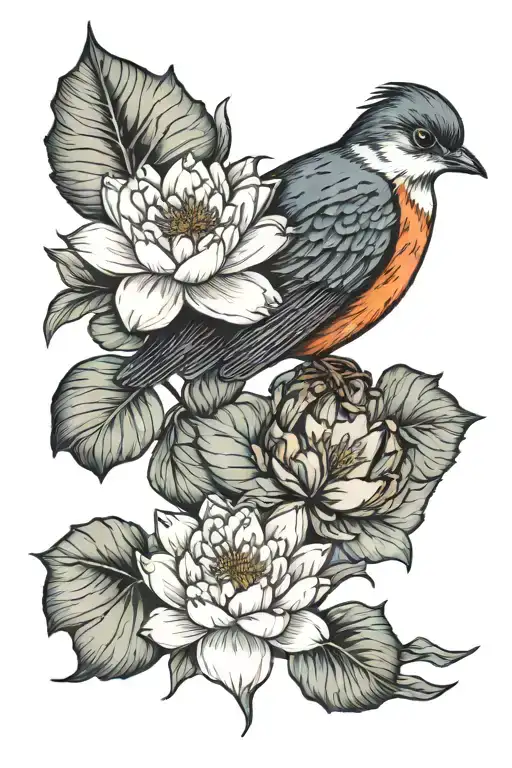 Water Lilly Carnations Primrose With A Robin Sitting