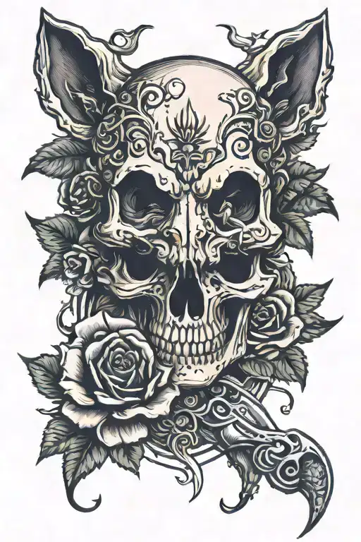Skull And Roses And Wolf And Drafon And Snake And Revolver