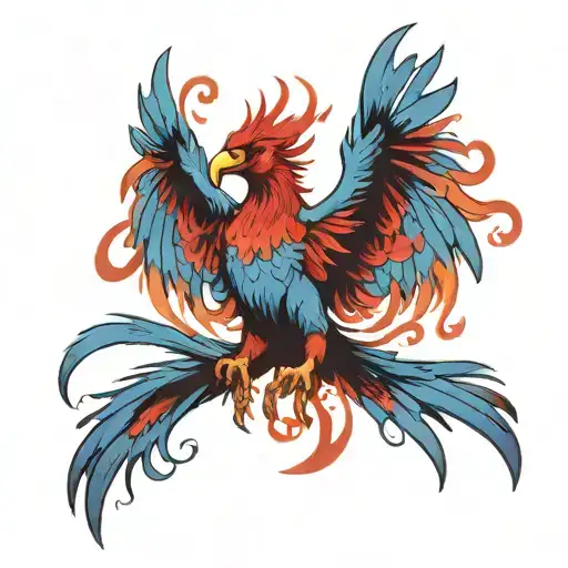 Blue And Red Fire Phoenix Flying To Sky Fast Wings Spread Wide Open Wings High Facing Right Head