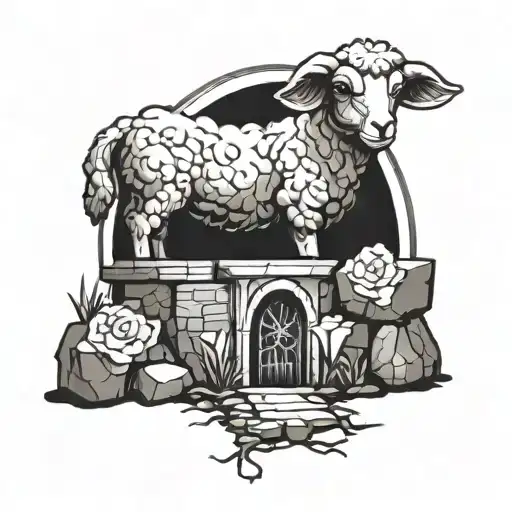 Lamb Coming Out Of Tomb Entrance Black And White Drawing