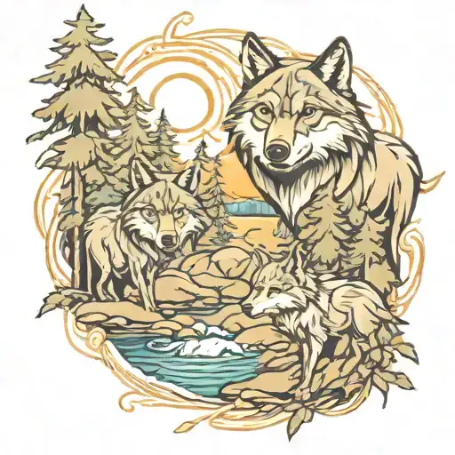 Wolves In Forest And River Flowing