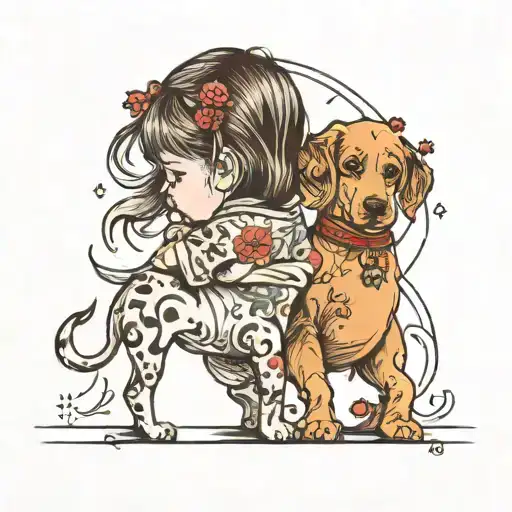 Dog And Little Girl From Behind