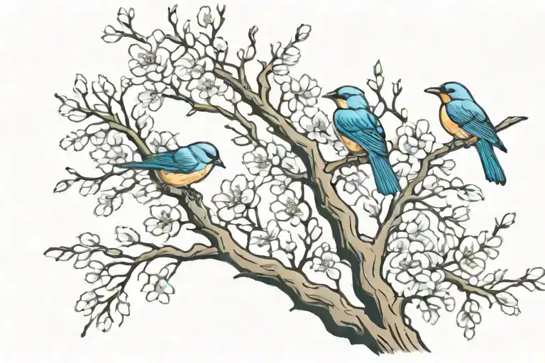 Long Tree Branch With Blossoms And Three Birds