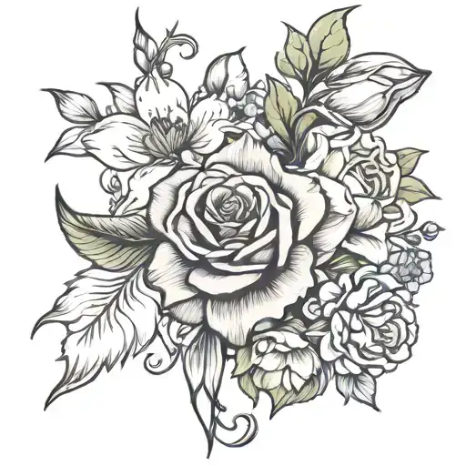 Rose With Narcissus And Larkspur Flowers Intertwined