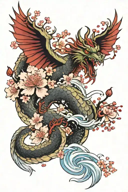 Japanese Dragon And Cranes With Cherry Blossoms And Water