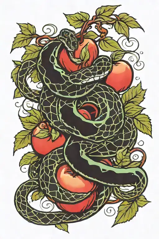 Snake Wrapping Around 3 Apples With Vines And Leaves