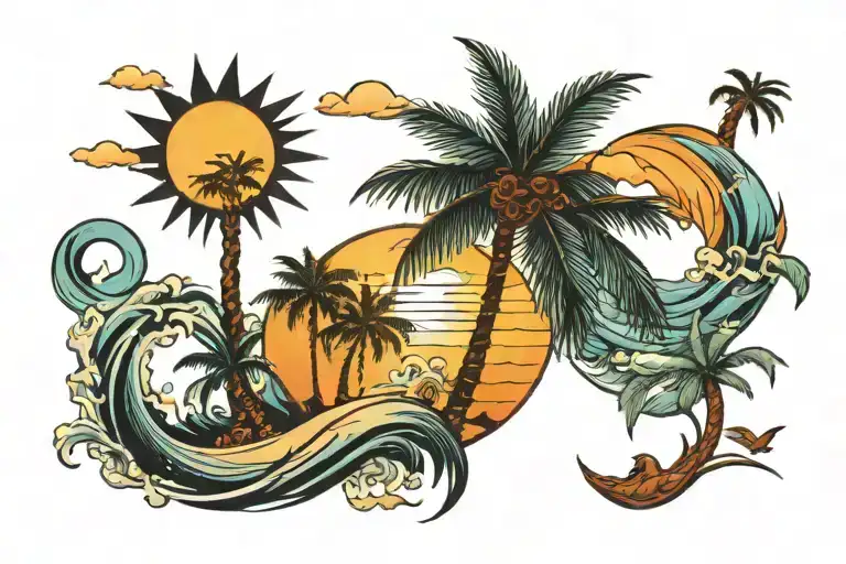 Ocean Palm Trees Sun Quarter Sleeve