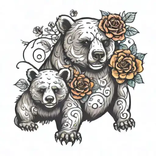 Adult Bear And Baby Bear Realistic With Skulls And Flowers