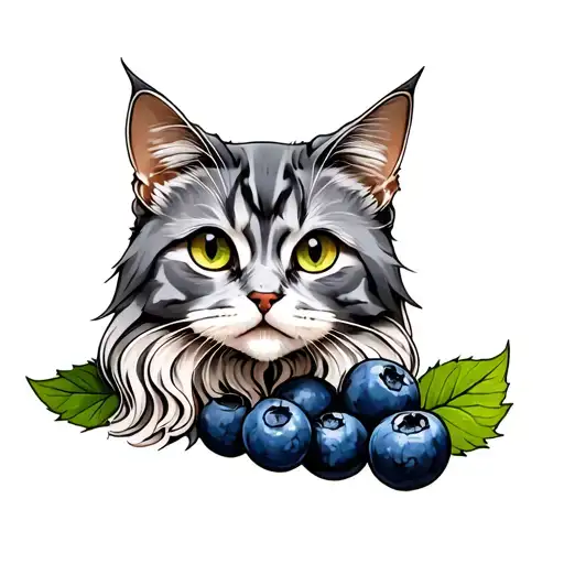Long Haired Grey Cat And Blueberries