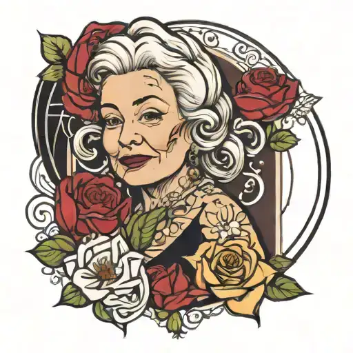 Abuela In A Fine Line Tattoo Design Next To A Rose