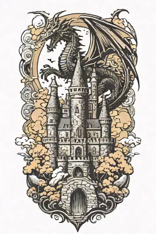 A Majestic Castle With A Dragon Flying Overhead