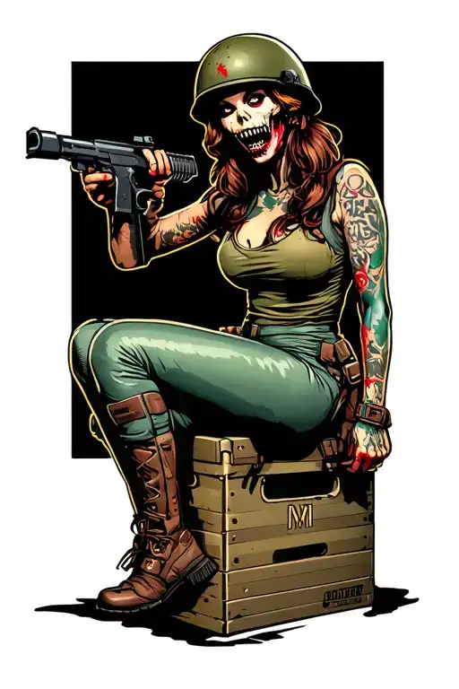 Zombie Ww2 Pin Up Girl Sitting On Ammo Crate Wearing Helmet And Holding M1 Garande