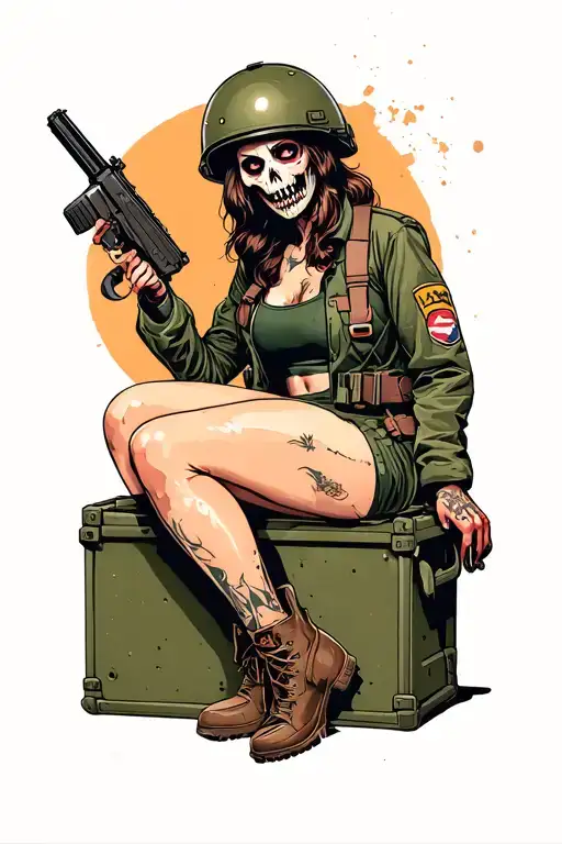 Zombie Ww2 Pin Up Girl Sitting On Ammo Crate Wearing Helmet And Military Jacket
