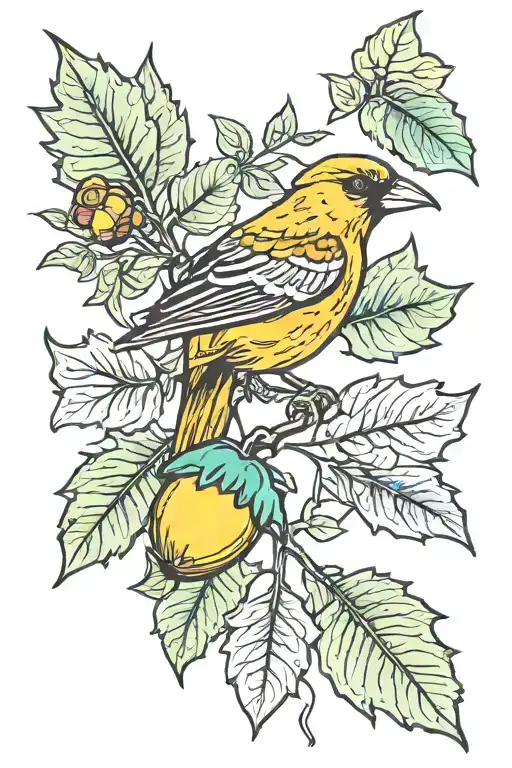 Acorn Leaf With Strong Canary Bird