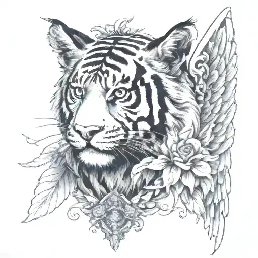Tigers Head With Angel Wings Behind It An On The Ackground