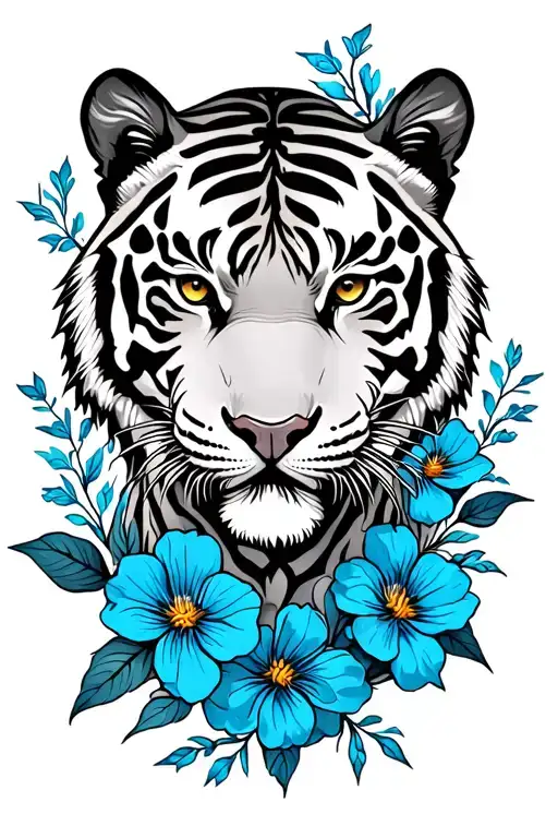 Black And White Tiger With Blue Flowers Surrounding It
