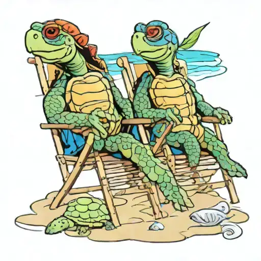 Turtles Chilling On The Beach In Their Chairs Drinking