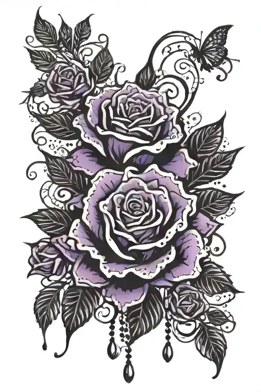 Intricate Black Lace With Pearls Dripping Throughout And Black Roses Tipped With Vibrant Purple