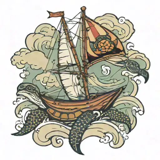 Sailboat In Storm With Sea Turtle