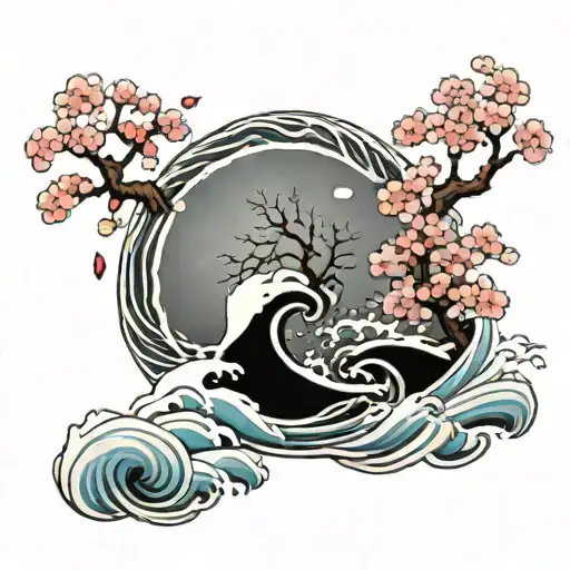 Waves And Sakura Tree