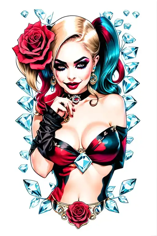Harley Quinn Pinup With Diamonds And Roses In In Background