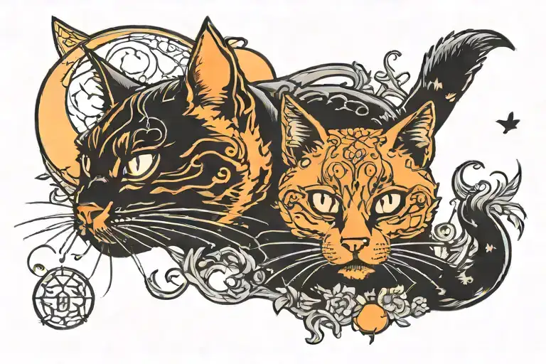 Black Cat And Orange Cat And The Moon