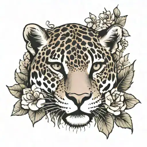 A Jaguar And Flowers In The Forest