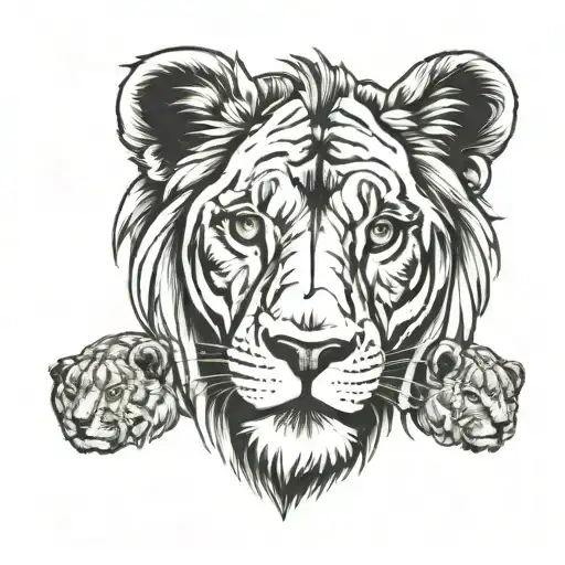 Lion With Four Cubs Face Only