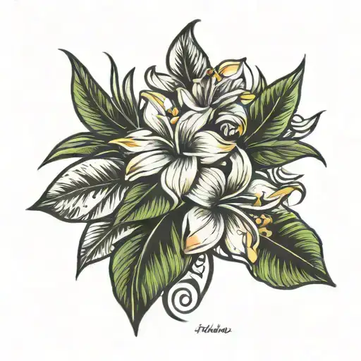 Hawaiian Tribal Tattoo On Thigh With Plumerias In The Middle