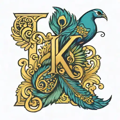 Letter K With A Peacock Feather Intertwined