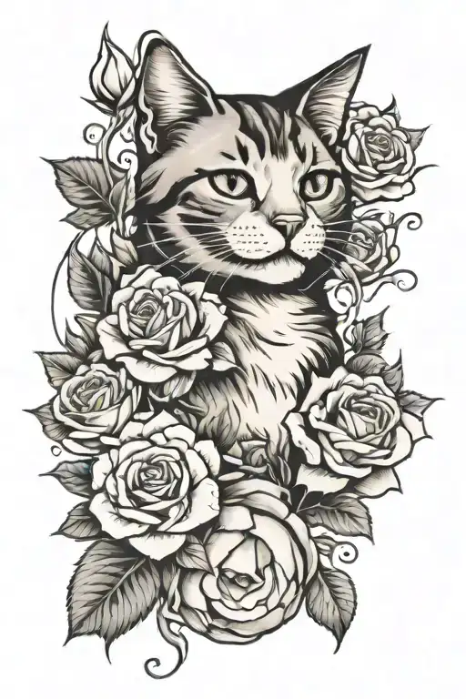 Cat And Roses Blooming