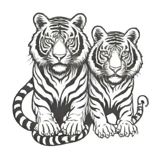 Two Symmetrical Tigers In Black With No Shading Facing Eachother