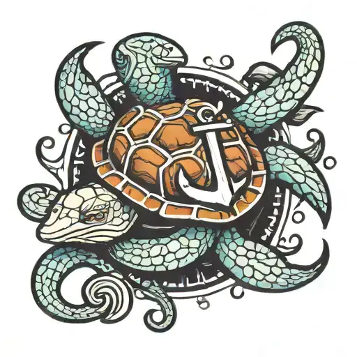 Anchor With Turtle And Ray Swimming