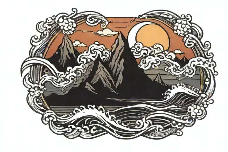 Mountain Sunset Water Waves