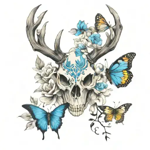 Deer Skull And Blue Butterfly