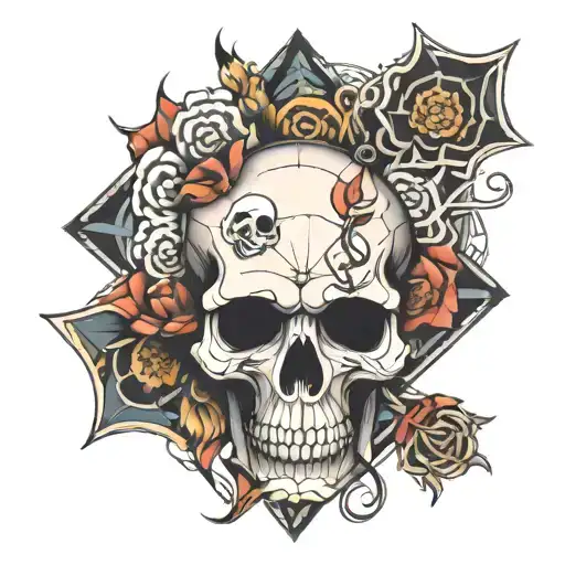 Geometric Pattern That Includes A Skull With Japanese Elements