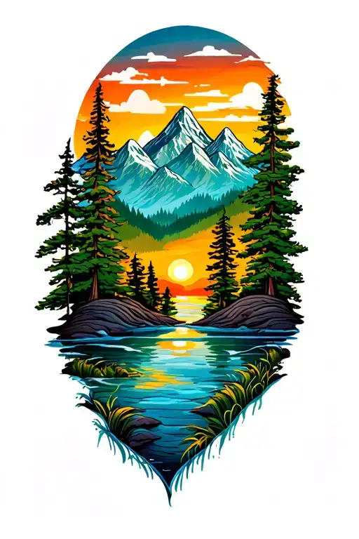 Half Arm Sleeve Mountains Water Trees Colors Sunset