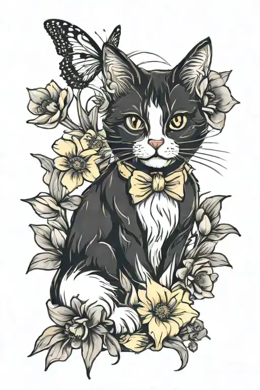 Tuxedo Cat With Daffodils And Poppy Flowers