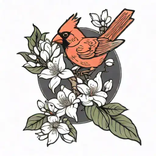 Red Cardinal Bird And White Magnolia Flowers