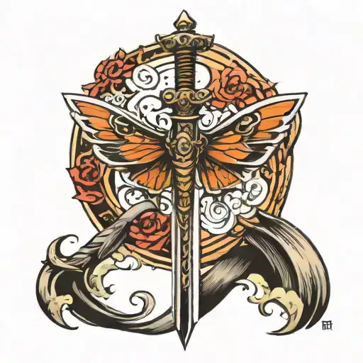 Sword Tatoo With Buttetfly Wings Spread