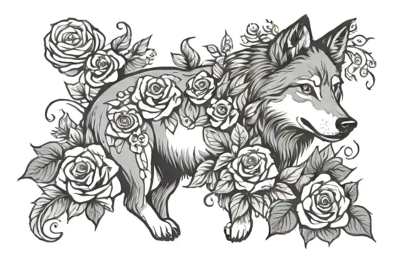 Wolf With Roses Mayflowers Hibiscus