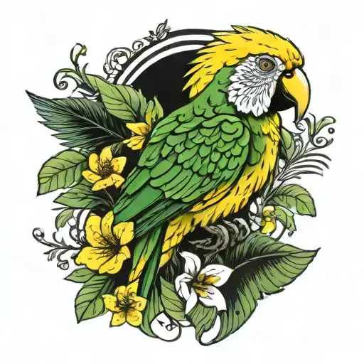 Green Parrot With Yellow Head Surrounded By Black And White Tropical Flowers