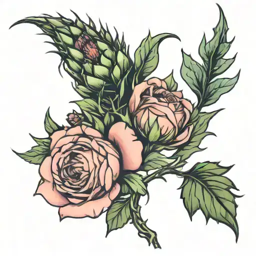 Intertwined Single English Rose And Scottish Thistle